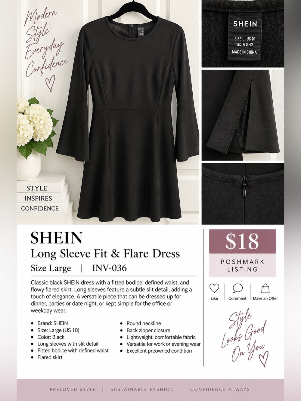 SHEIN Black Long Sleeve Fit & Flare Dress
